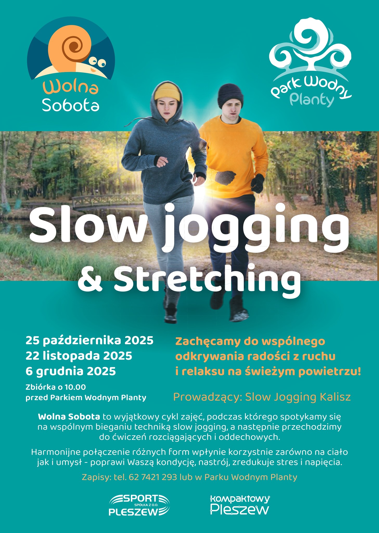 Plakat Slow joggingu & Stretchingu w parku leśnym Planty odbywającego sie w październiku, listopadzie i grudniu