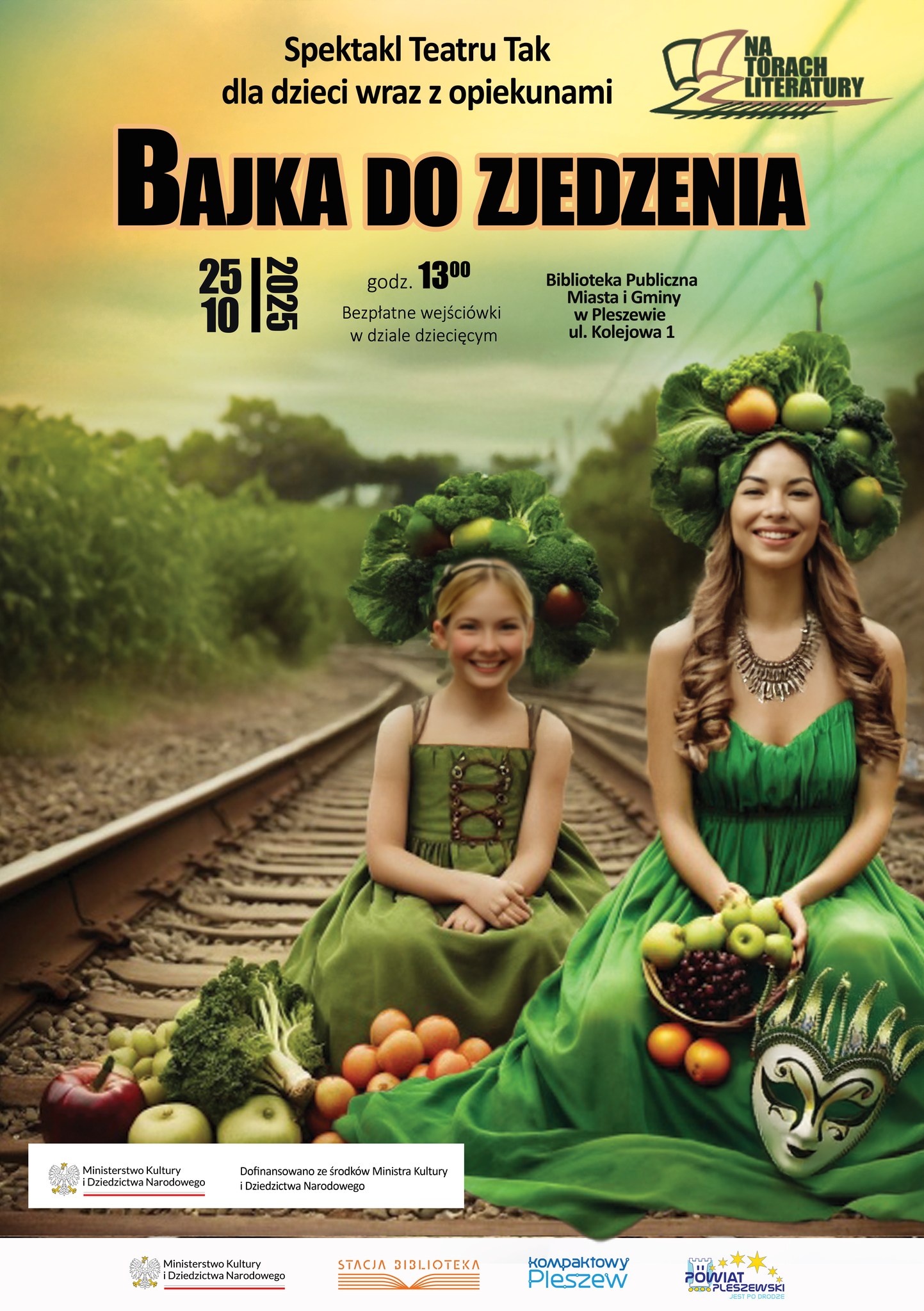 Plakat spektaklu Teatru Tak dla dzieci i opiekunów "Bajka do zjedzenia" odbywającego się w Bibliotece Publicznej MiG Pleszew 25 października 2025 r. o godzinie 13:00.