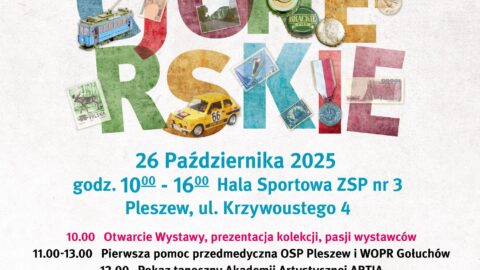 Plakat IX Pleszewskich Spotkań Kolekcjonerskich odbywających się 26 października 2025 r. o godzinie10:00 w Hali Sportowej w Pleszewie.