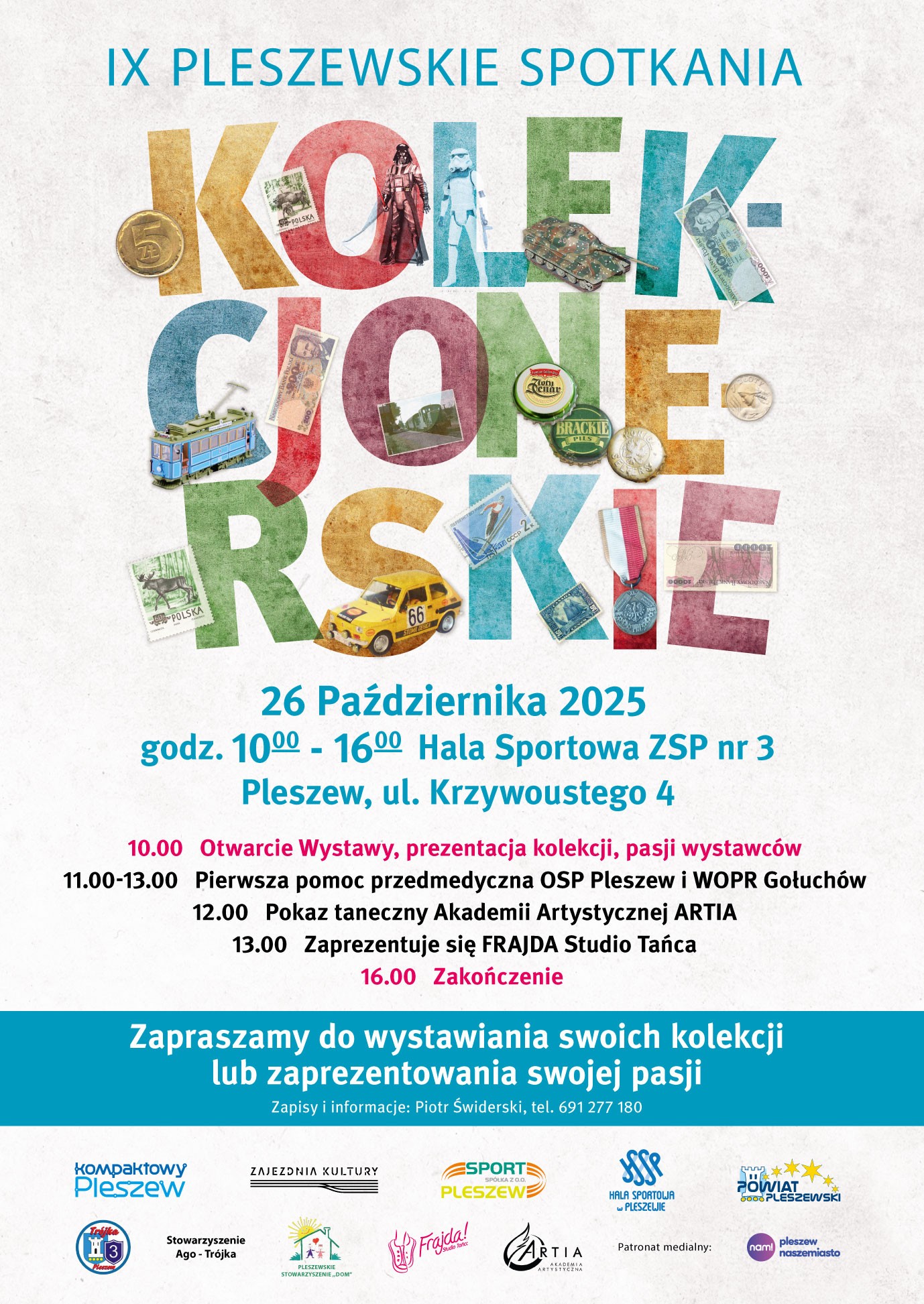 Plakat IX Pleszewskich Spotkań Kolekcjonerskich odbywających się 26 października 2025 r. o godzinie10:00 w Hali Sportowej w Pleszewie.