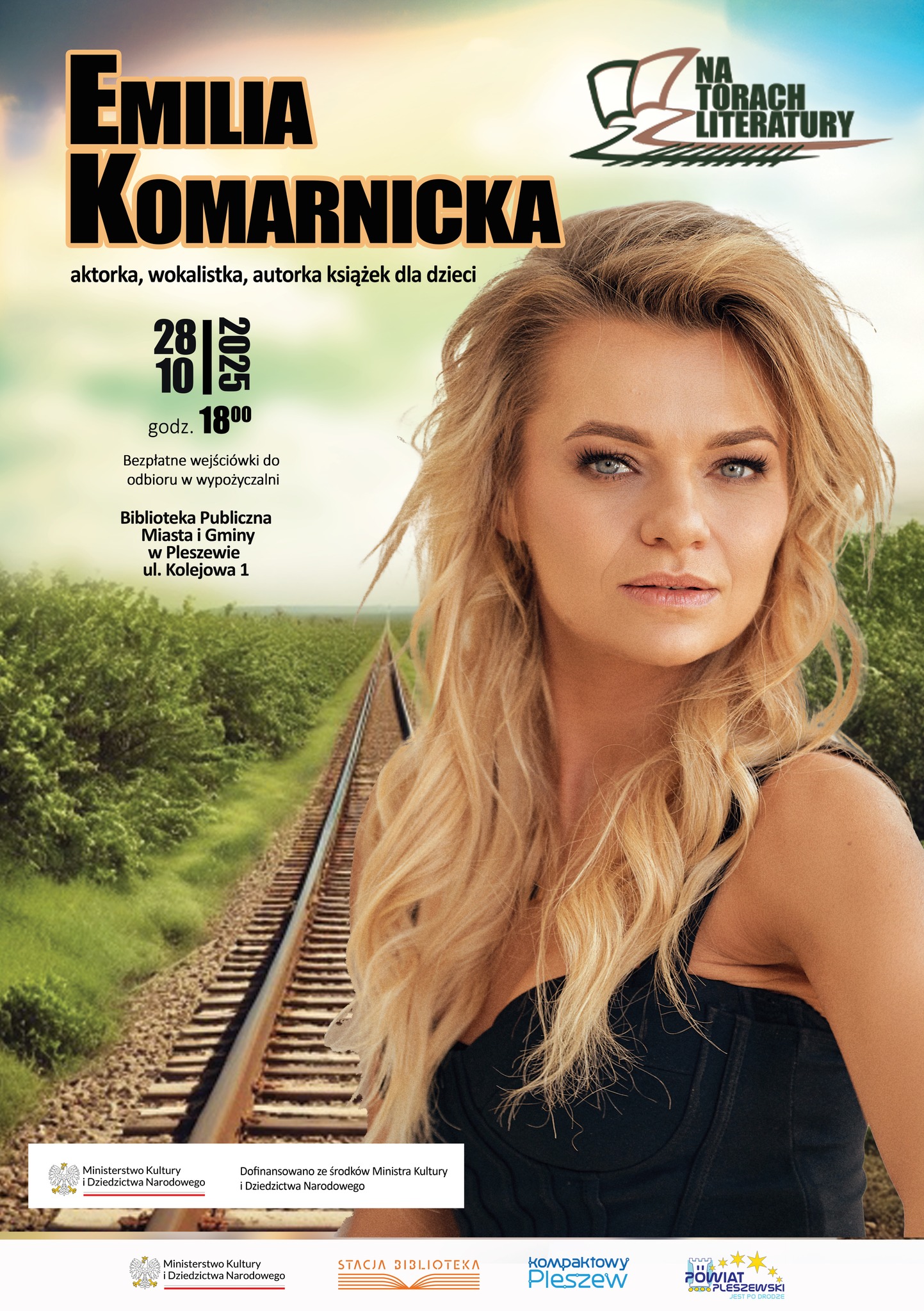 Plakat spotkania z Emilią Komarnicką w Bibliotece Publicznej MiG Pleszew 28 października 25 r. o godzinie 18:00.
