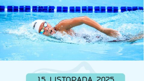 Plakat Otwartych Mistrzostw Pleszewa w Pływaniu odbywających się 15 listopada 2025 r. o godzinie 9:00 w Parku Wodnym "Planty".