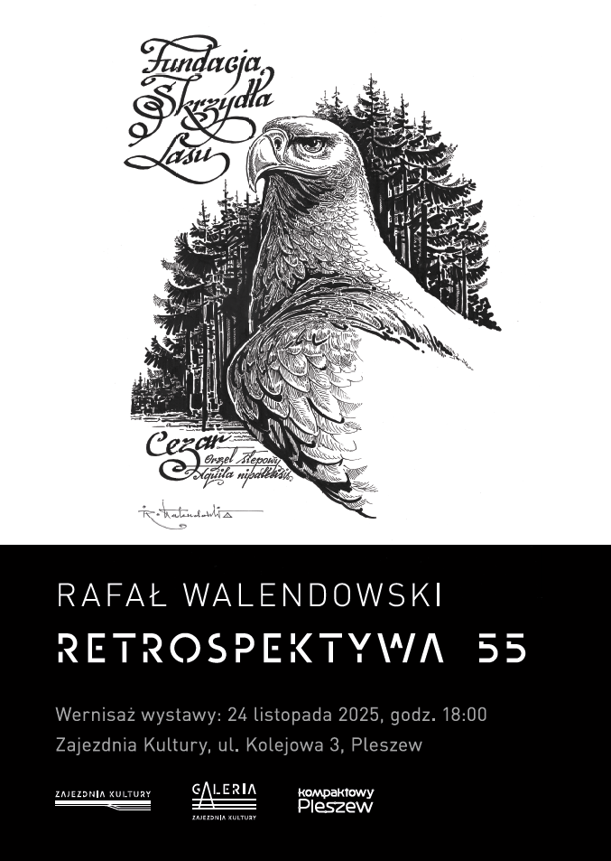 Plakat wernisażu wystawy Rafała Walendowskiego "Retrospektywa 55" odbywającego się 24 listopada 2025 r. o godzinie 18:00 w Galerii Zajezdnia