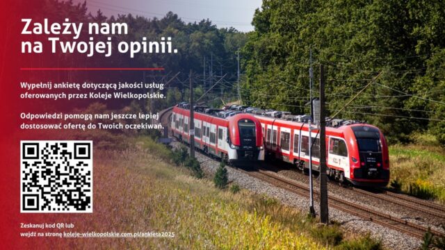 Pociągi Kolei Wielkopolskich na torach, a na grafice zachęta do wypełnienia ankiety. 