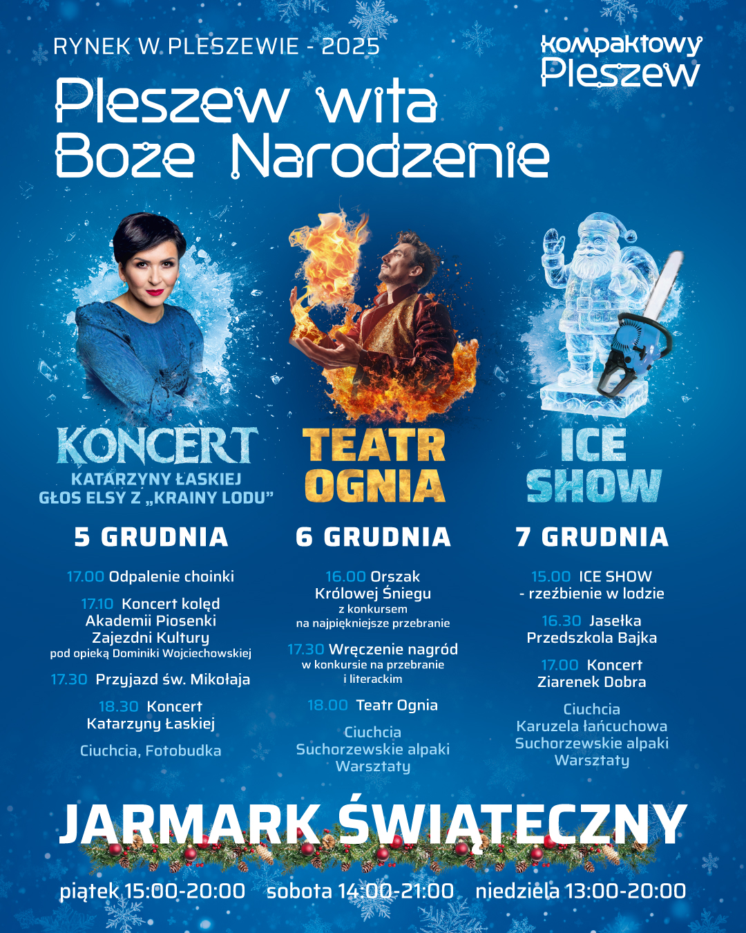 Plakat wydarzeń na rynku w ramach "Pleszew wita Boże Narodzenie" 5-7 grudnia.