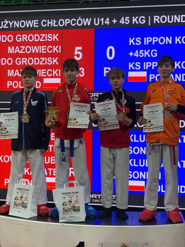 Mali karatecy na podium zawodów o puchar polski w Bydgoszczy.