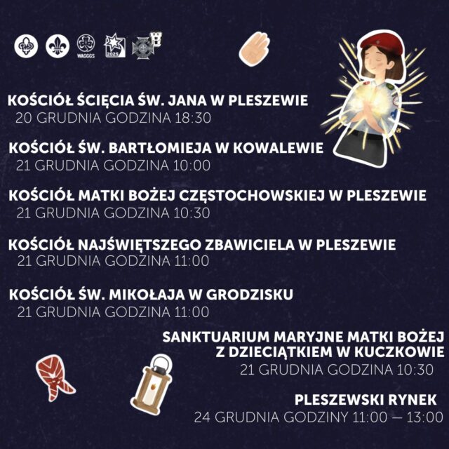 Harmonogram wędrówki harcerzy z Betlejemskim Światłem Pokoju w Pleszewie w 2025 roku.