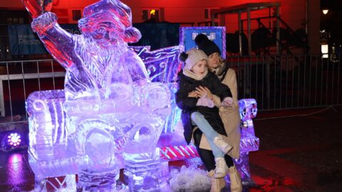 Odwiedzające osoby fotografujące się z lodową rzeźbą na pleszewskim rynku.