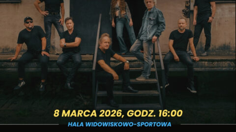 Plakat koncertu Budki Suflera odbywającego się 8 marca 2026 r. o godzinie 16:00 w hali widowiskowo-sportowej w Pleszewie.