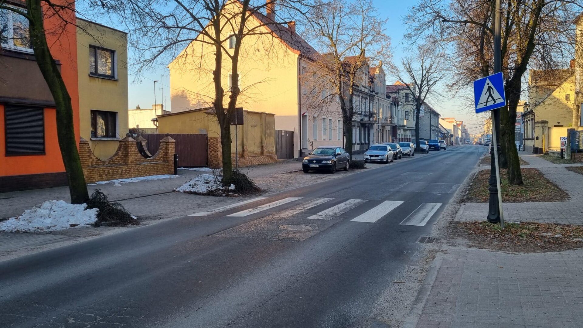 Przejście dla pieszych pomiędzy drzewami w mieście, które będzie przebudowane w SMART przejście.