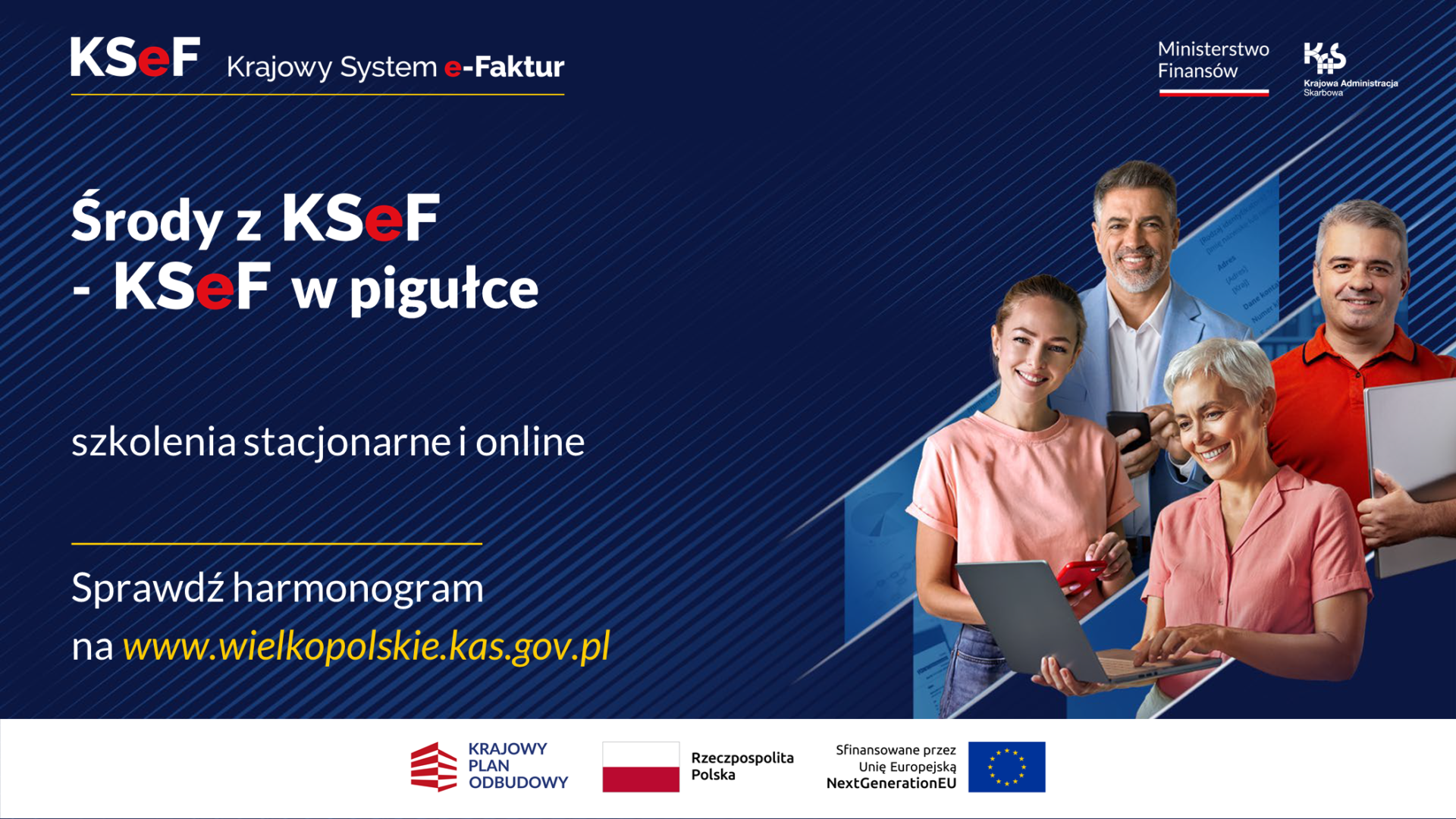 Grafika dotycząca KSeF i szkoleń stacjonarnych i online