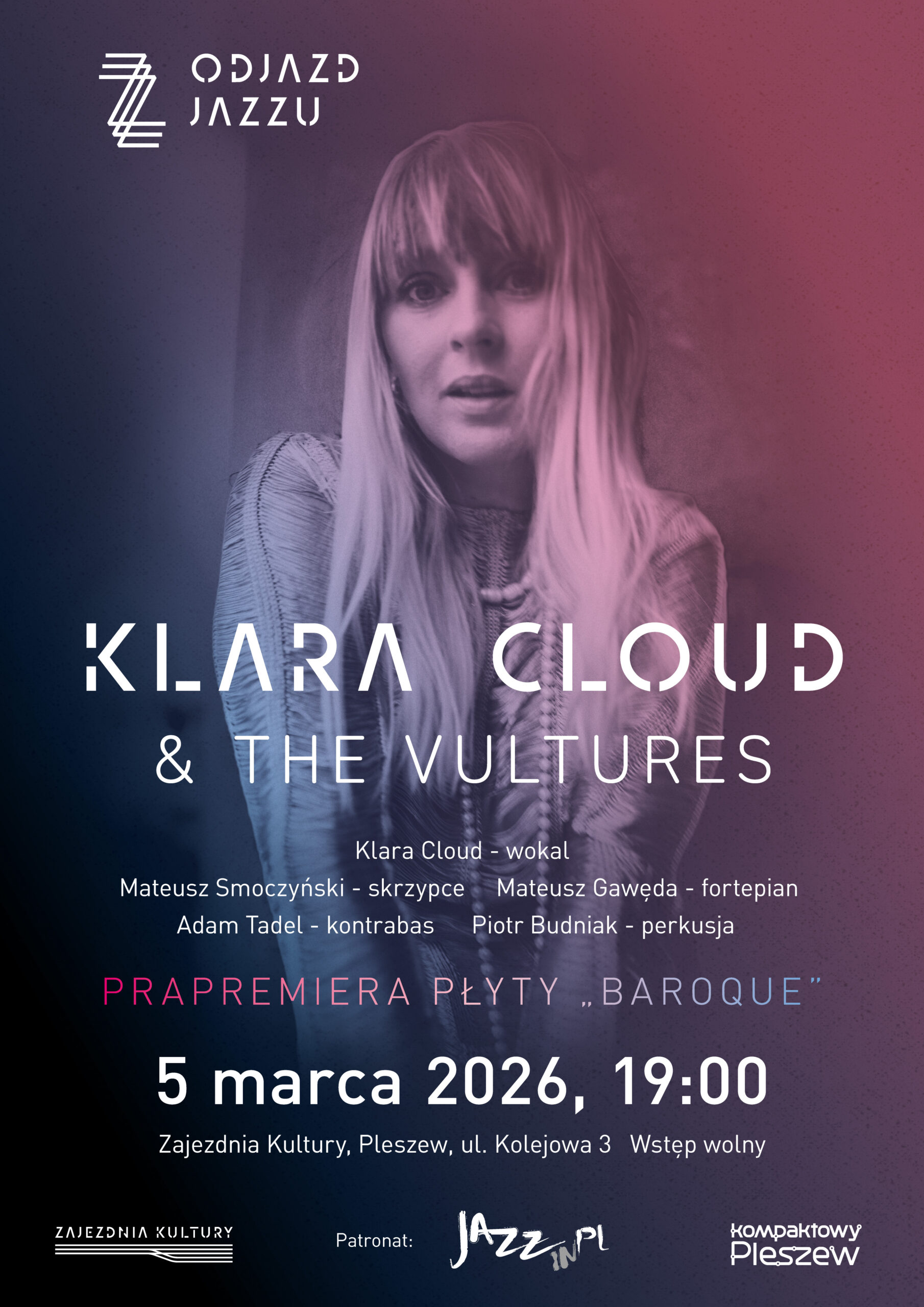 Plakat koncertu w ramach cyklu "Odjazd Jazzu" odbywającego się w Zajezdni Kultury w Pleszewie 5 marca 2026 r. o godzinie 19:00.