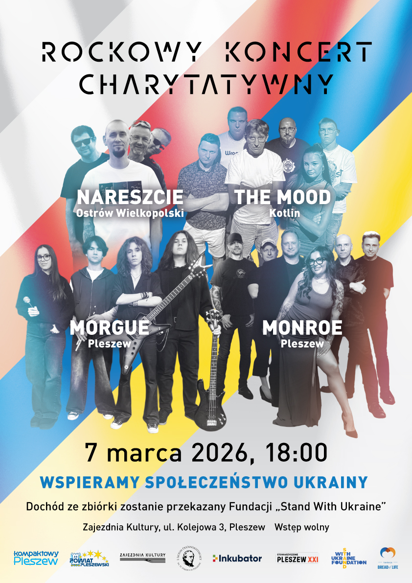 Plakat chayrtatywnego koncertu rockowego w Zajezdni Kultury 7 marca 2026 r. o godzinie 18:00.