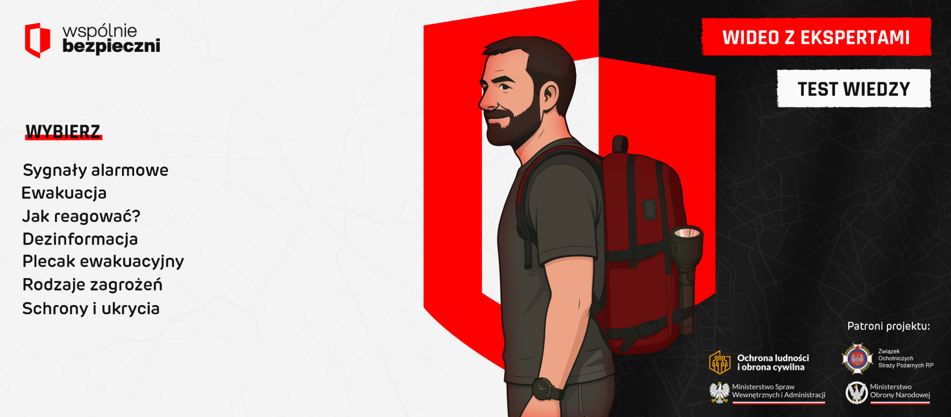 Grafika portalu edukacyjnego "wspólnie bezpieczni" przedstawiająca mężczyznę z plecakiem ewakuacyjnym