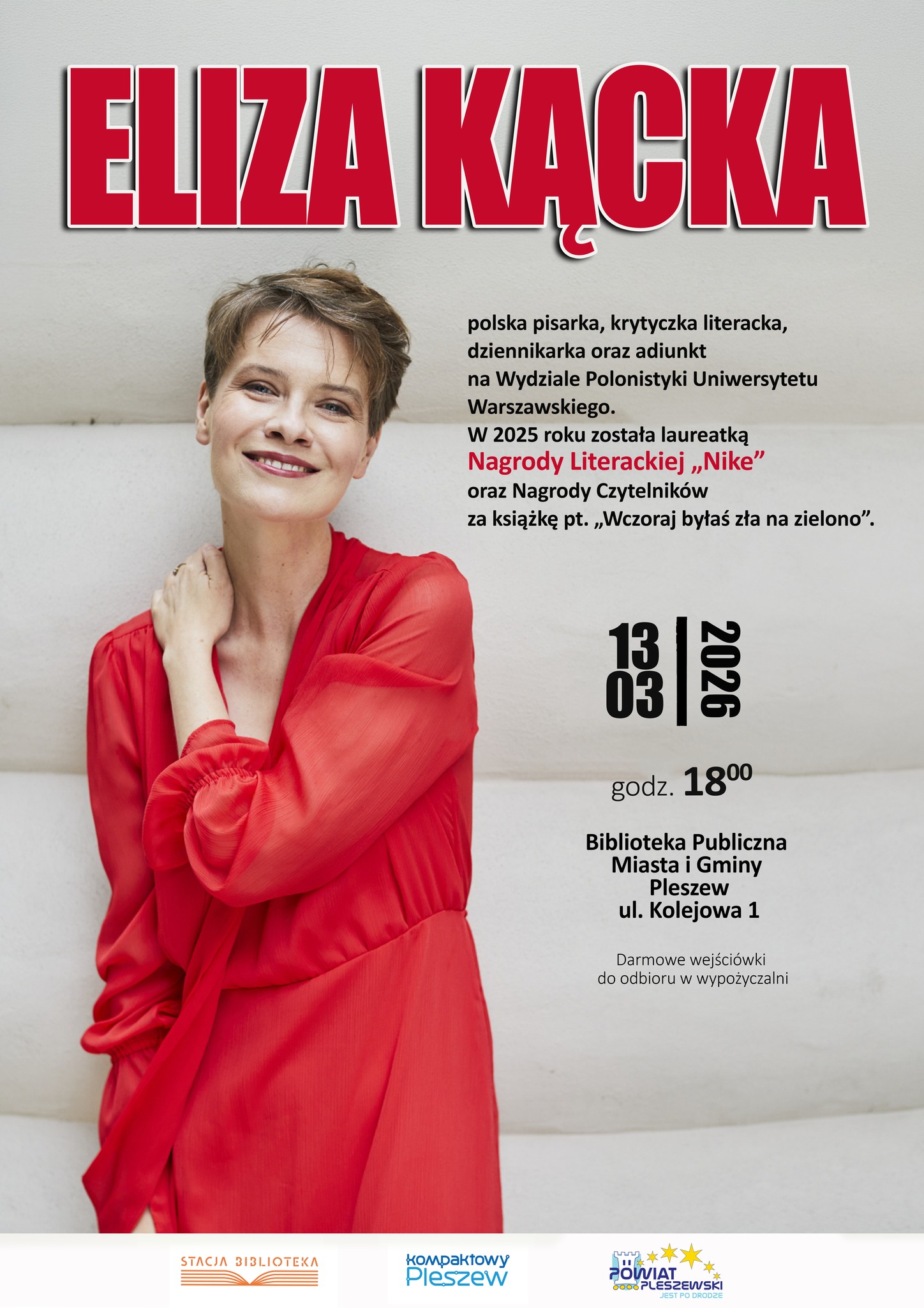 Plakat spotkania z Elizą Kącką w Bibliotece Publicznej w Pleszewie 13 marca 2026 r. o godzinie 18:00.