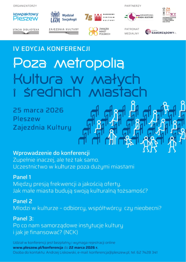 Plakat konferencji "Poza metropolią" odbywającej się 25 marca 2026 r. w Pleszewie.