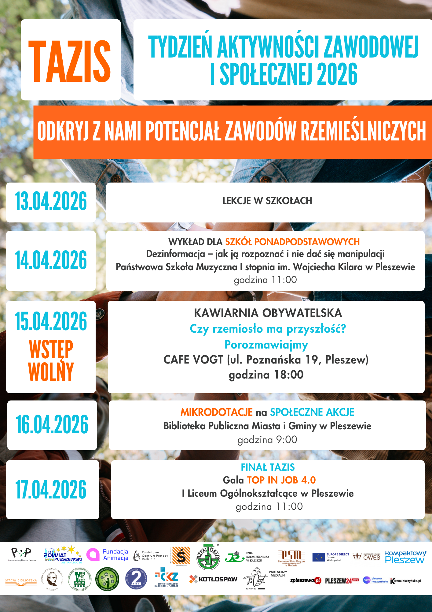 Plakat Tygodnia Aktywności Zawodowej i Społecznej 2026 odbywającego się w Pleszewie w dniach 13-17 kwietnia 2026 r.