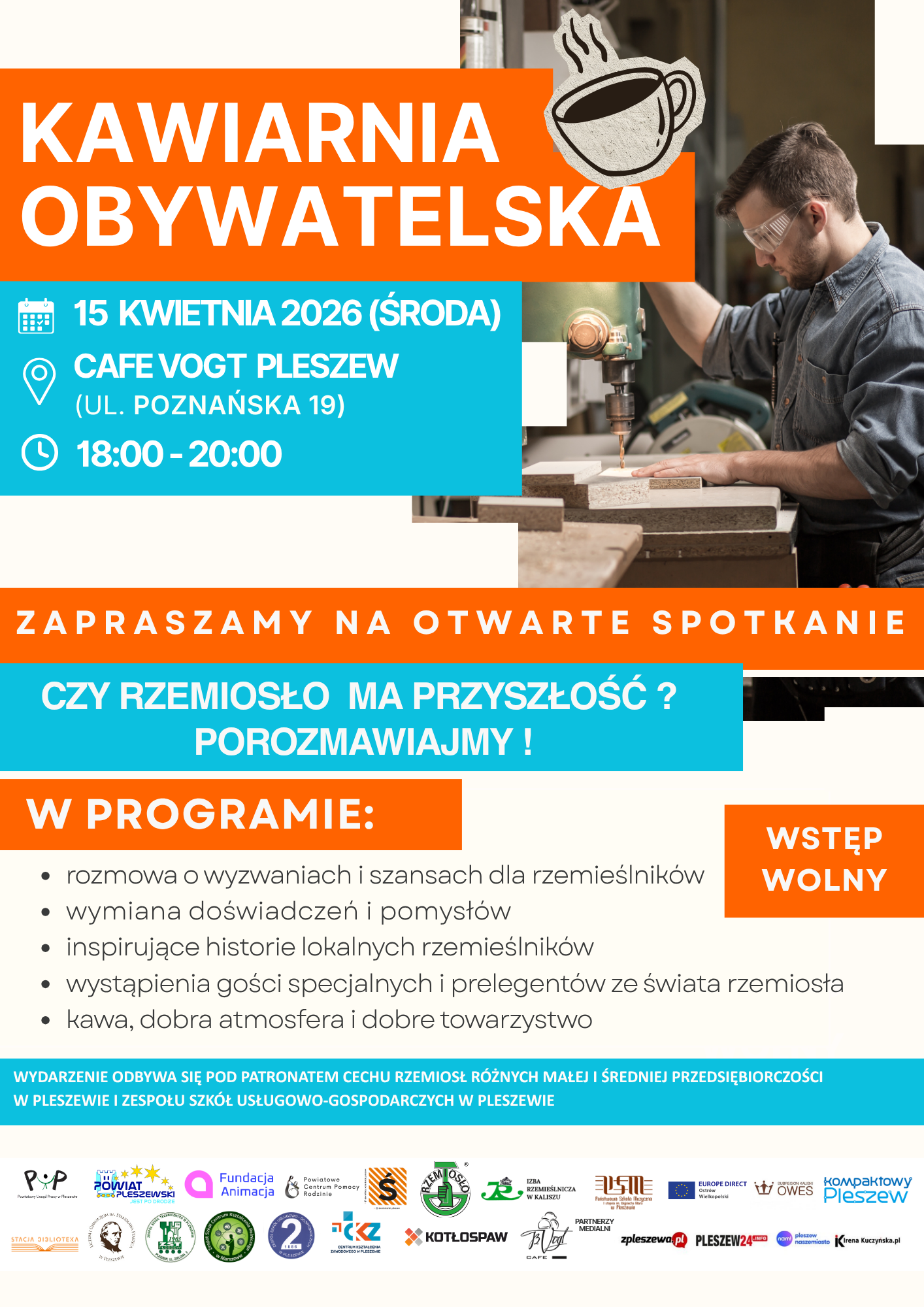 Plakat kawiarni obywatelskiej odbywającej się 15 kwietnia 2026 r. o godzinie 18:00 w Cafe Vogt w Pleszewie.
