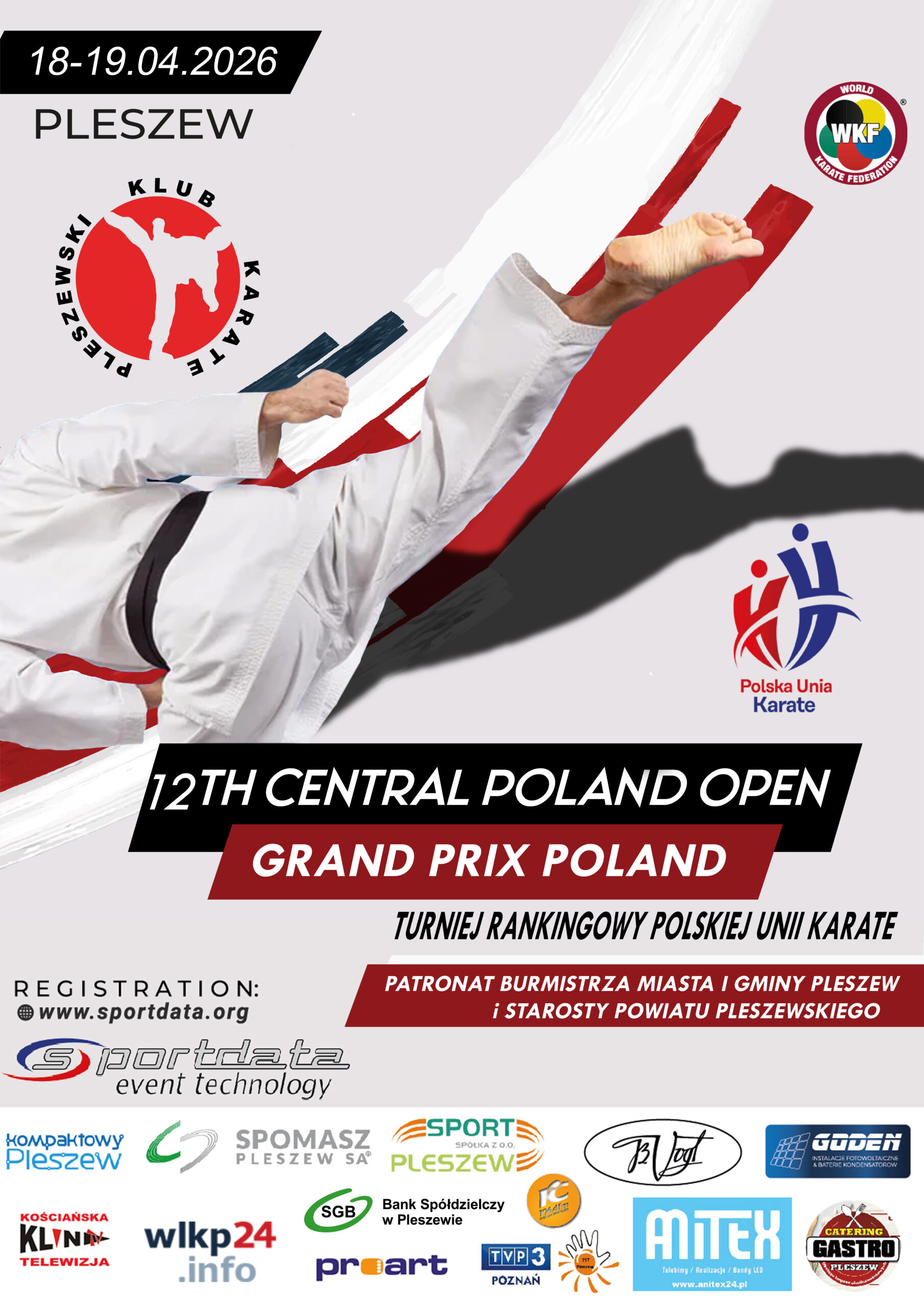 Plakat Turnieju Karate odywajacego się w dniach 18 i 19 kwietnia 2026 r. w Hali Widowiskowo-Sportowej w Pleszewie.