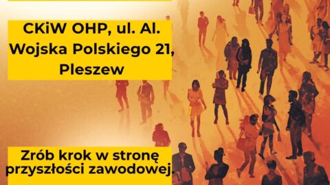 Plakat V Targów Pracy i Kariery w Pleszewie odbywających się w CKiW OHP w Pleszewie 22 kwietnia 2026 r. w godzinach 10:00-14:00.