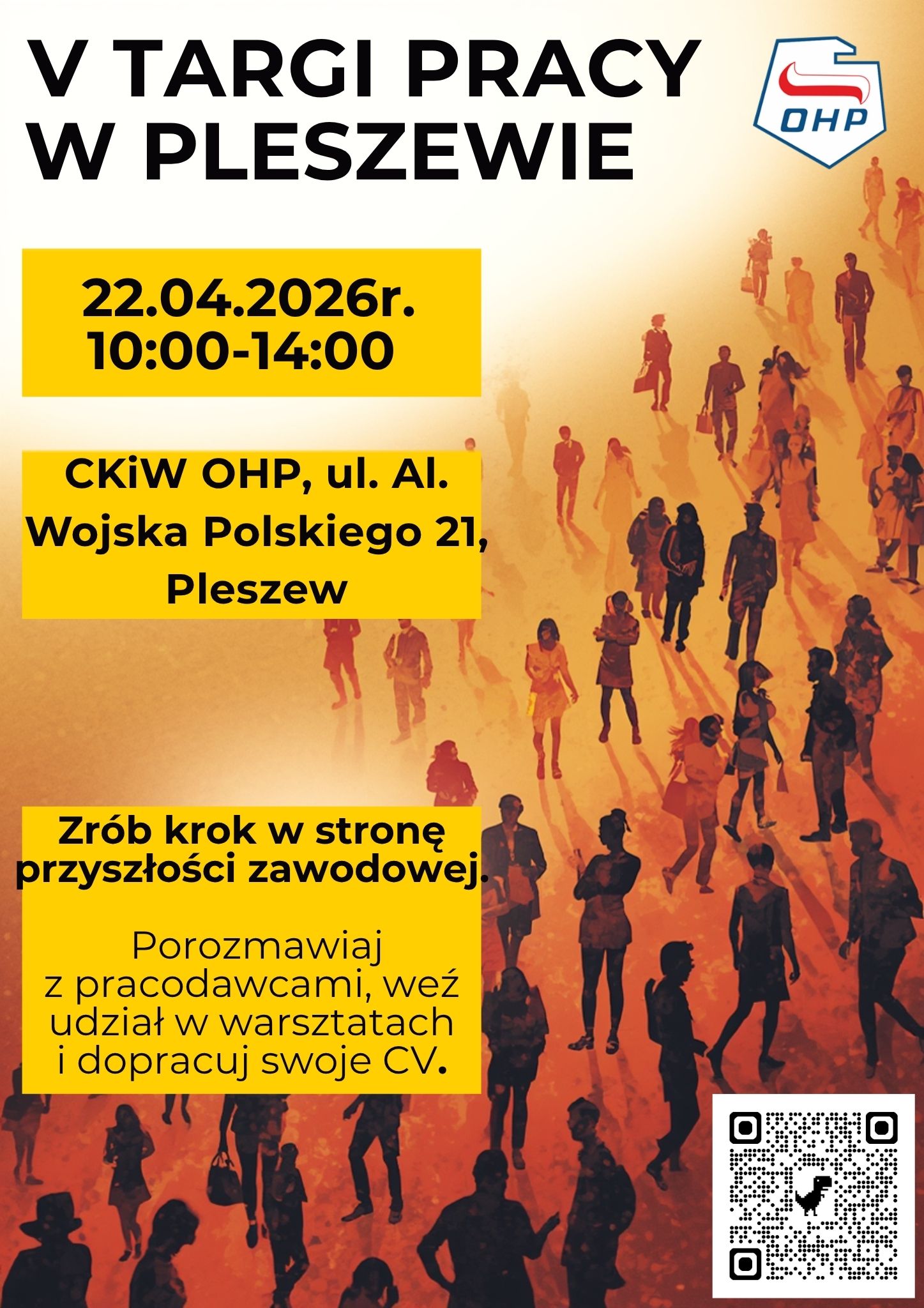 Plakat V Targów Pracy i Kariery w Pleszewie odbywających się w CKiW OHP w Pleszewie 22 kwietnia 2026 r. w godzinach 10:00-14:00.