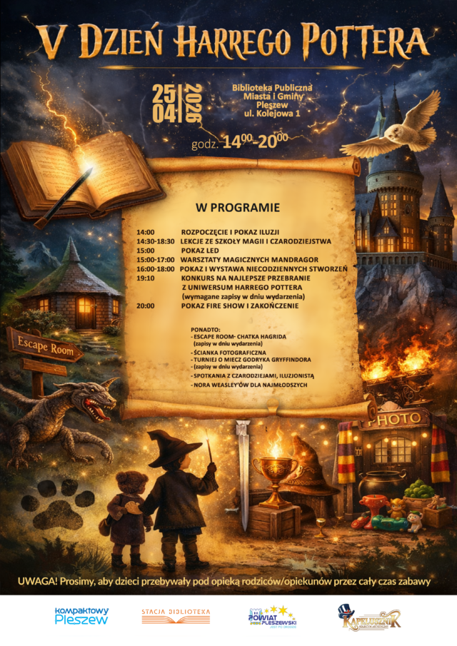 Plakat V Dnia Harrego Pottera odbywającego się w Bibliotece Publicznej MiG Pleszew 25 kwietnia 2026 r.