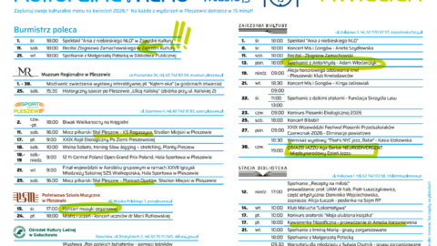 Karta kulturalnego menu na kwiecień 2026 r. ze spisem wszystkich wydarzeń kulturalnych w Mieście i Gminie Pleszew.