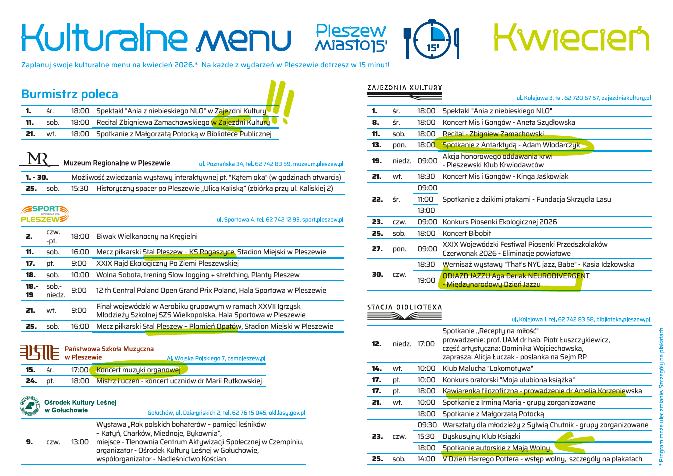 Karta kulturalnego menu na kwiecień 2026 r. ze spisem wszystkich wydarzeń kulturalnych w Mieście i Gminie Pleszew.