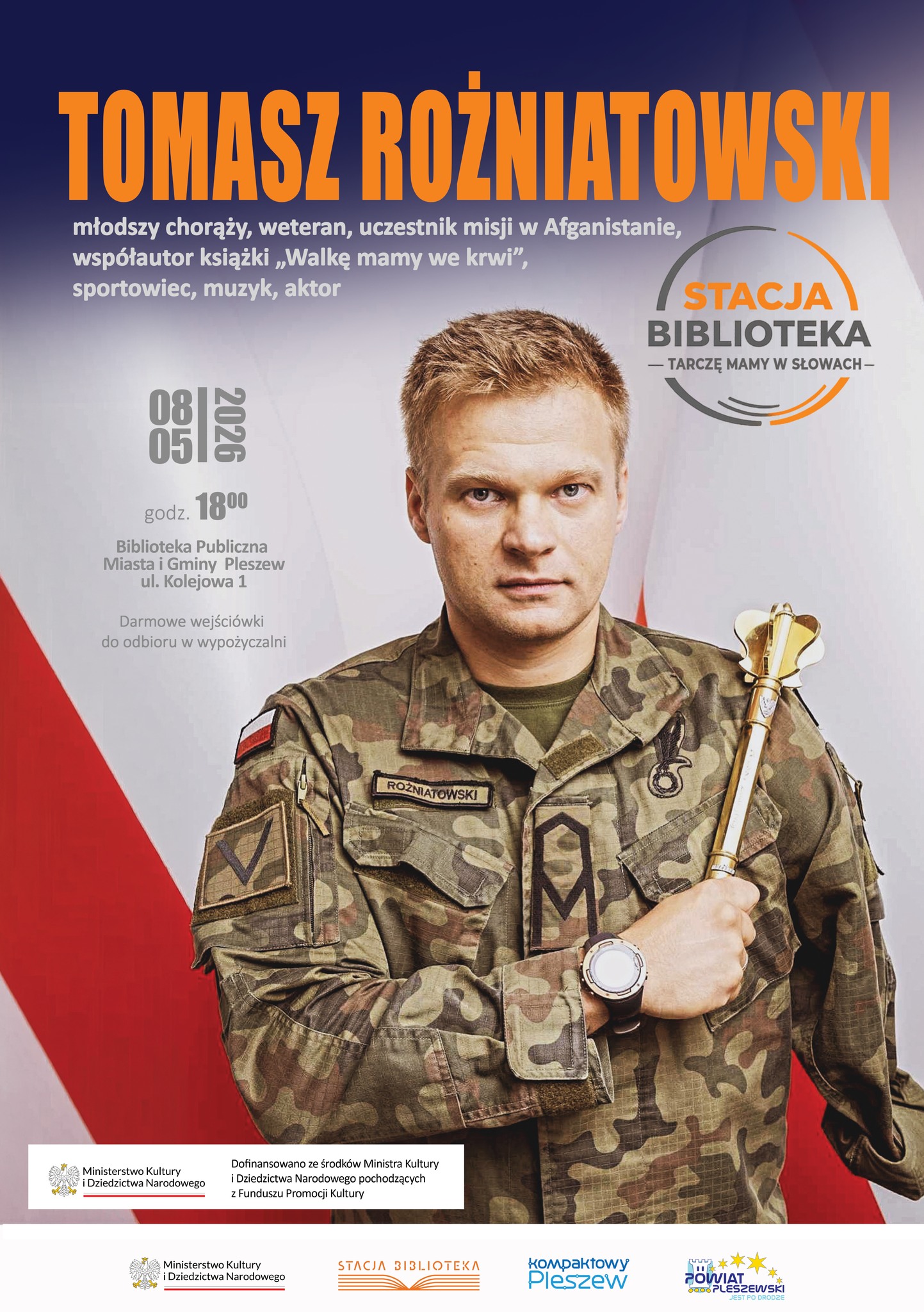 Plakat spotkania z Tomaszem Rożniatowskim w bibliotece publicznej MiG Pleszew 8 maja 2026 r. o godzinie 18:00.