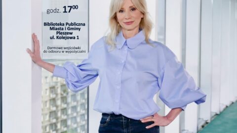 Plakat spotkania z Ewą Gawryluk w Bibliotece Publicznej MiG Pleszew 9 maja 2026 r. o godzinie 17:00.
