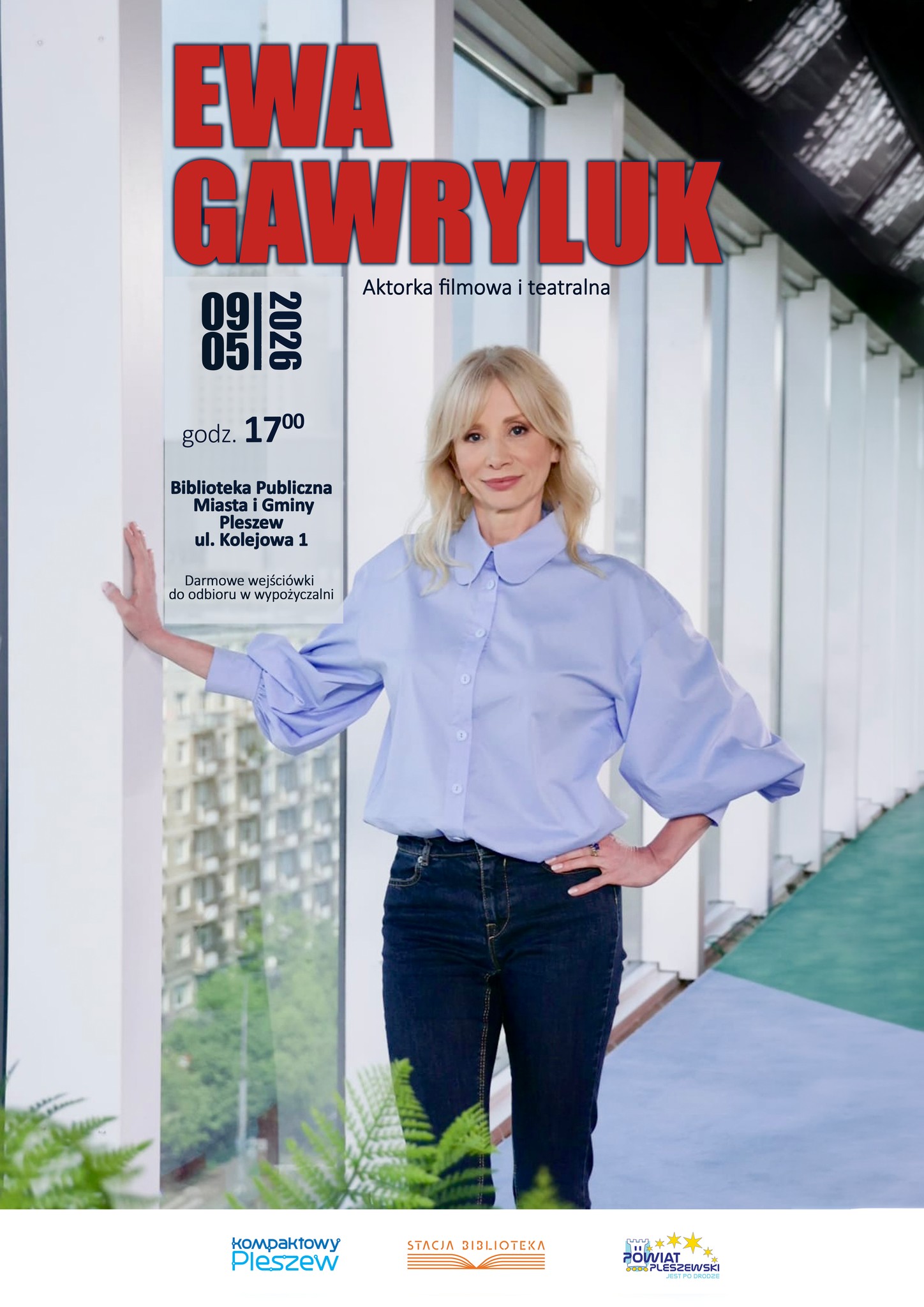 Plakat spotkania z Ewą Gawryluk w Bibliotece Publicznej MiG Pleszew 9 maja 2026 r. o godzinie 17:00.