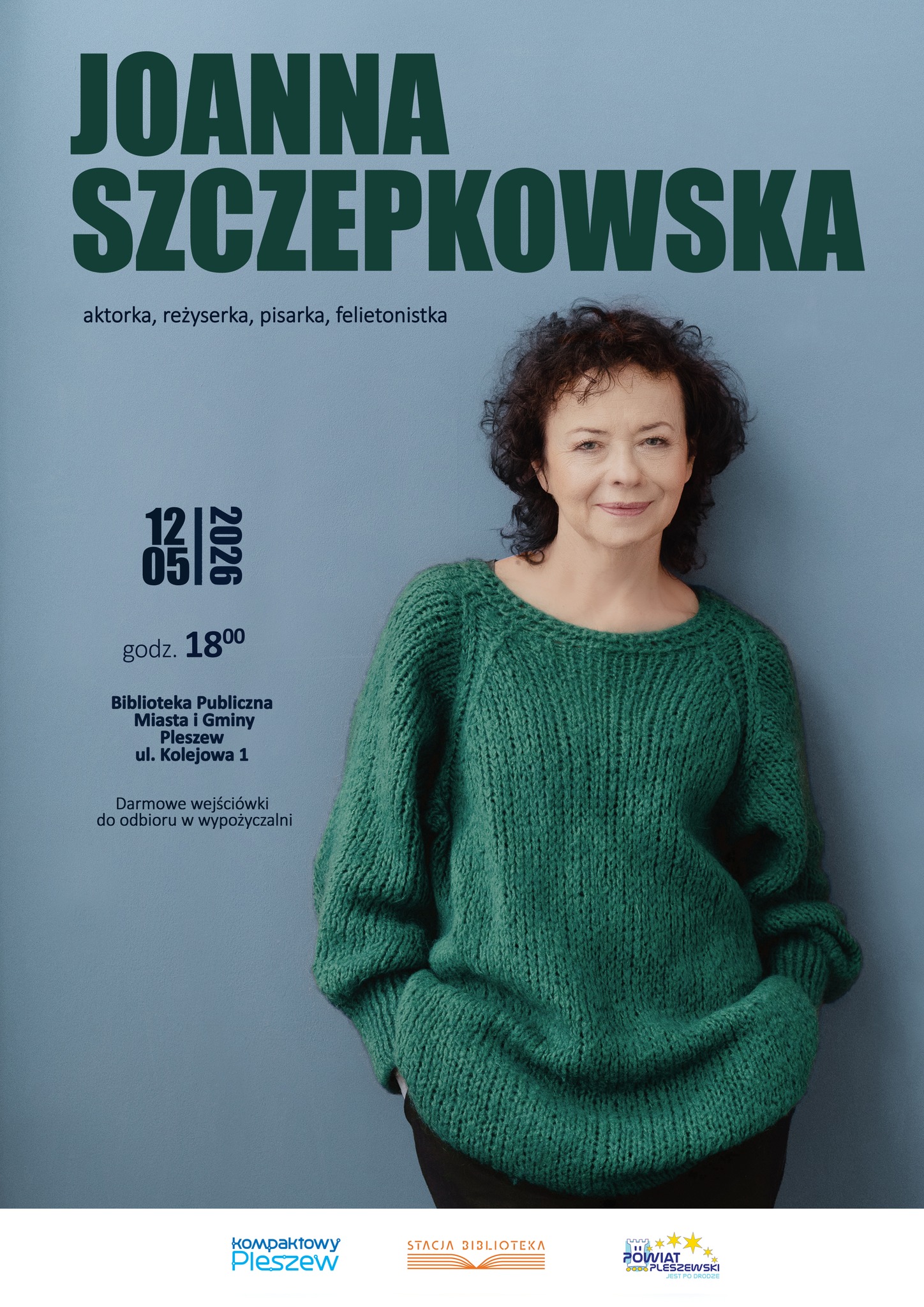Plakat spotkania z Joanną Szczepkowską w Bibliotece Publicznej MiG Pleszew 12 maja 2026 r. o godzinie 18:00.