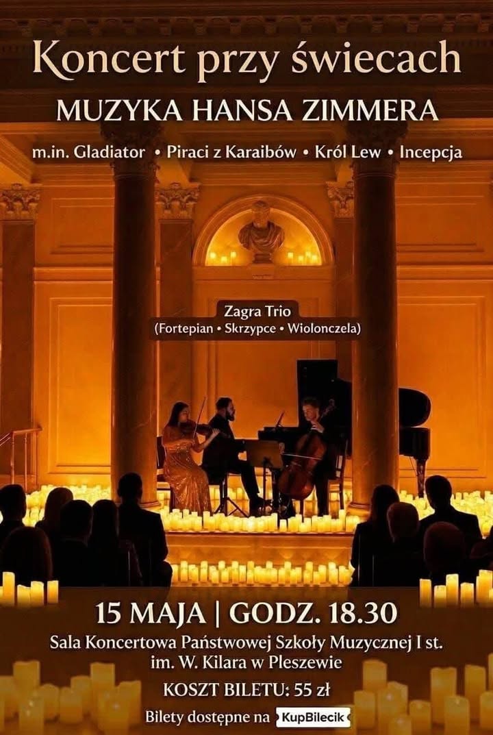 Plakat koncertu muzyki filmowej odbywającego się w PSM w Pleszewie 15 maja 2026 r. o godzinie 18:30.