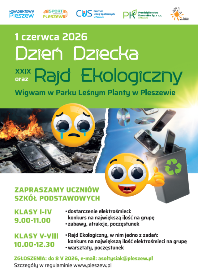 Plakat Rajdu Ekologicznego z okazji Dnia Dziecka odbywającego się 1 czerwca 2026 r. o godzinie 9:00 w wigwamie w Plantach