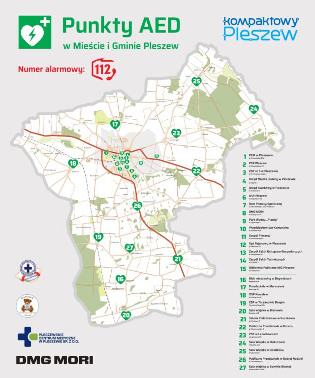 mapa punktów, gdzie znajdują się defibrylatory AED w Mieście i Gminie Pleszew.
