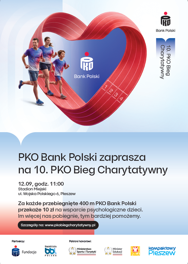 Plakat 10. PKO Biegu Charytatywnego w Pleszewie 12 września 2026 r. o godzinie 11:00.